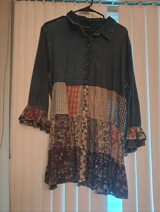 Young Threads Dresses & Skirts - Young Threads Denim Patchwork Boho Tunic with Floral Ruffles BNWT Size XL